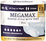 BRIEFS, DISPOSABLE, MEGAMAX OVERNIGHT ADULT DIAPER, HEAVY DUTY, WHITE, XS, 48/CT THUMBNAIL