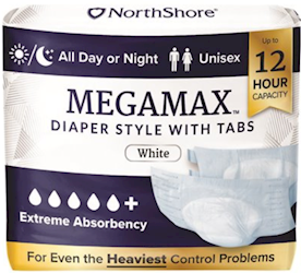 BRIEFS, DISPOSABLE, MEGAMAX OVERNIGHT ADULT DIAPERS, HEAVY DUTY, WHITE, 2XL, 32/CT LARGE