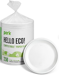 PLATES, PAPER, COMPOSTABLE, PERK, WHITE, 9", 250/CT LARGE