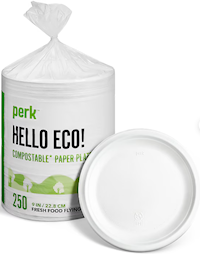 PLATES, PAPER, COMPOSTABLE, PERK, WHITE, 9", 250/CT MAIN