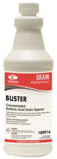 DRAIN CLEANER, THEOCHEM LABORATORIES BUSTER LIQUID, SULFURIC ACID, 1 QT, 12/CT MAIN