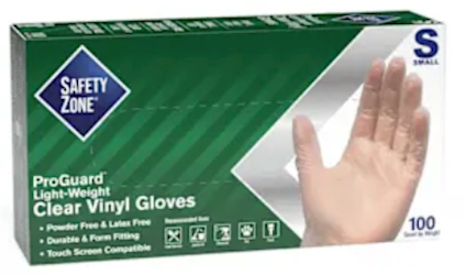 DISPOSABLE GLOVES, THE SAFETY ZONE, POWDER/LATEX FREE, VINYL, S, CLEAR, 100 GLOVES/CT LARGE
