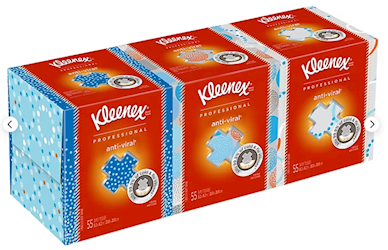 FACIAL TISSUES, KLEENEX, ANTI-VIRAL, 3-PLY, WHITE, 55 TISSUES/BX, 3 BOXES/CT LARGE