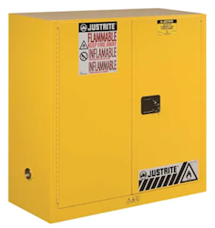 SAFETY STORAGE CABINET, JUSTRITE, YELLOW, MANUAL CLOSE, 30 GALLON, 44" X 43" X 18" LARGE