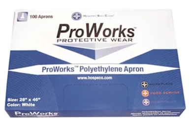 APRONS, PROWORKS PROTECTIVE WEAR, POLYETHYLENE, 2.0 MIL, 28" X 46", WHITE, 500/CT LARGE
