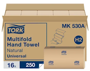 PAPER TOWELS, MULTIFOLD, NATURAL, TORK, 9.5" x 9.1", 250 SHEETS/PK, 16 PACKS/CT (MIN 2 CASES / BULK) LARGE