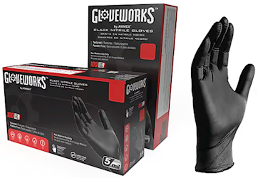 DISPOSABLE GLOVES, XXL, BLACK, NITRILE, POWDER-FREE, 5 MIL, GLOVEWORKS, 100/BOX, 10 BOXES/CT LARGE