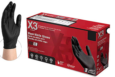 DISPOSABLE GLOVES, XXL, BLACK, NITRILE, POWDER-FREE, 3 MIL, X3, 100/BOX, 10 BOXES/CT LARGE