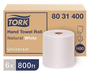 PAPER TOWELS, HARDWOUND, TORK NATURAL WHITE, 8 IN, 800 FT/ROLL, 6 ROLLS/CT LARGE