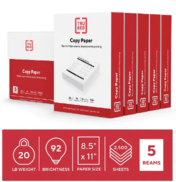 COPY PAPER, TRU RED, 8.5 X 11, 20LBS, 92 BRIGHTNESS, 500 SHEETS/REAM, 5 REAMS/CT LARGE