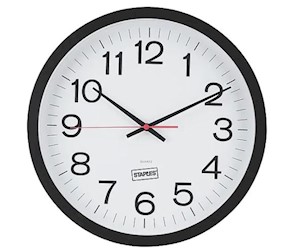 CLOCK, WALL, PLASTIC, 14" DIAMETER, QUARTZ MOVEMENT, BLACK & RED NUMBERS LARGE