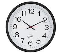 CLOCK, WALL, PLASTIC, 14" DIAMETER, QUARTZ MOVEMENT, BLACK & RED NUMBERS MAIN