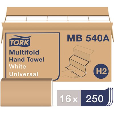 PAPER TOWELS, TORK, MULTIFOLD, UNIVERSAL, WHITE, 250 SHEETS/PACK, 16 PACKS/CT LARGE