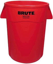 TRASH RECEPTACLE, RUBBERMAID, COMMERCIAL BRUTE VENTED, ROUND, 44 GAL, RED LARGE
