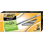 Ballpoint Pens, BIC® Round Stic® Medium Point, 1.0 mm, Black Ink / Translucent Barrel, 12/Bx THUMBNAIL