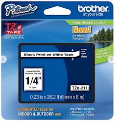 LABEL MAKER TAPE, BLACK ON WHITE, 0.23" WIDE, BROTHER P-TOUCH TZE211 LARGE