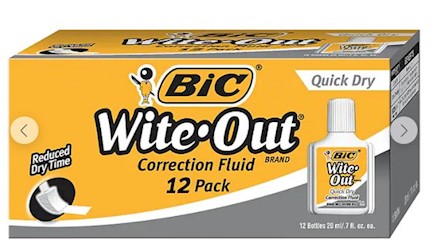 WITE-OUT, BIC, QUICK DRY CORRECTION FLUID, WHITE, 12/PK LARGE