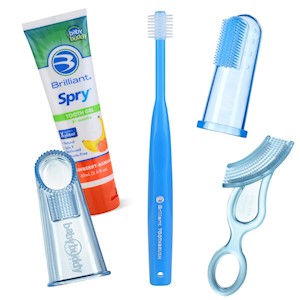 Blue Brilliant Oral Care Kit with 3 Silicone Toothbrushes, Spry Tooth Gel and Brilliant Baby Toothbrush LARGE