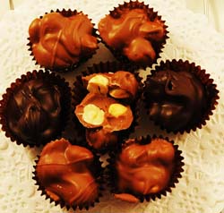 Chunks of Hazel nuts in a chocolate cluster; filberts THUMBNAIL