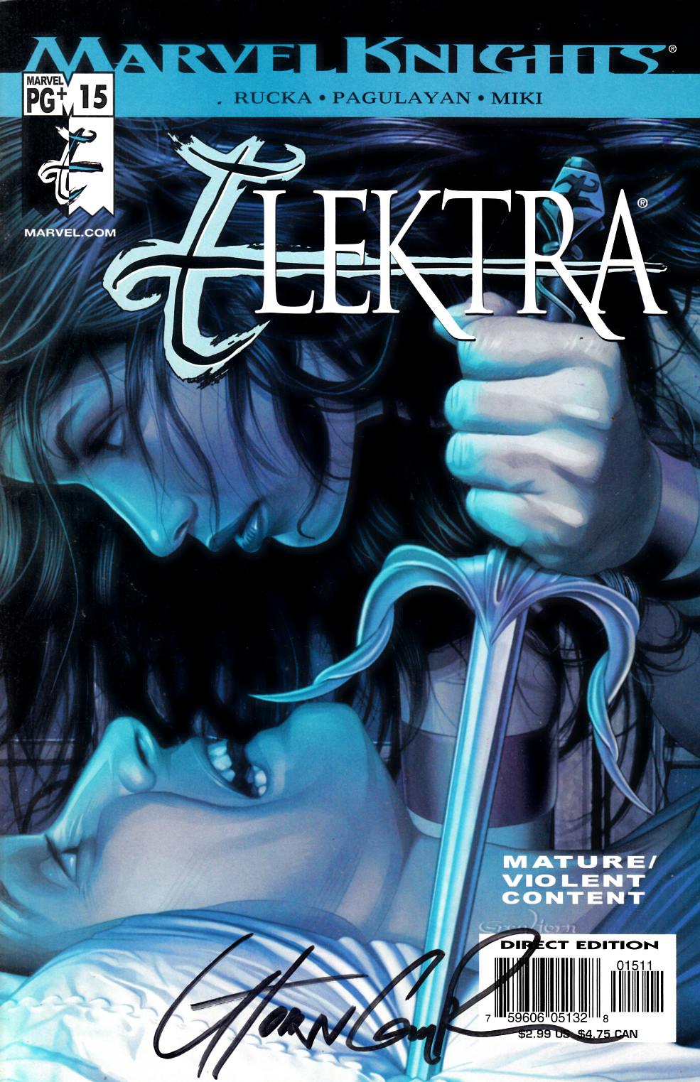 Elektra #15 Signed by Horn & Rucka Near Mint Minus (9.2) [Marvel Comic] LARGE