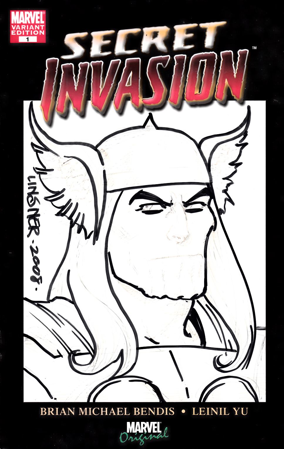 Secret Invasion #1 Joe Linsner Skrull Thor Sketch Cover Very Fine (8.0) [Marvel Comic] LARGE