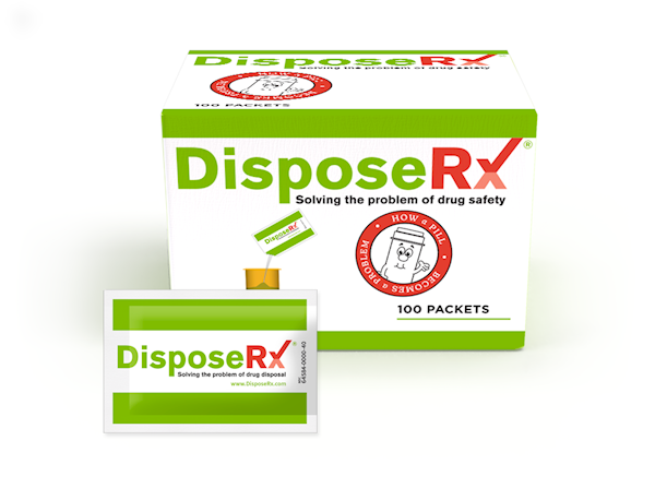 Standard packet in front of DisposeRx 100 count box (UPC-418). LARGE