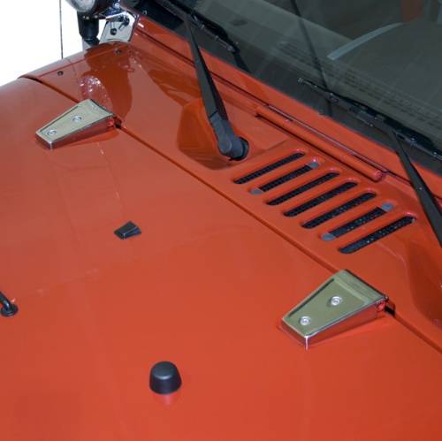 Fat Bob's Garage, Rugged Ridge, Part #11111.10, Jeep JK Wrangler Hood Hinge Covers, Stainless Steel 2007-2016 MAIN