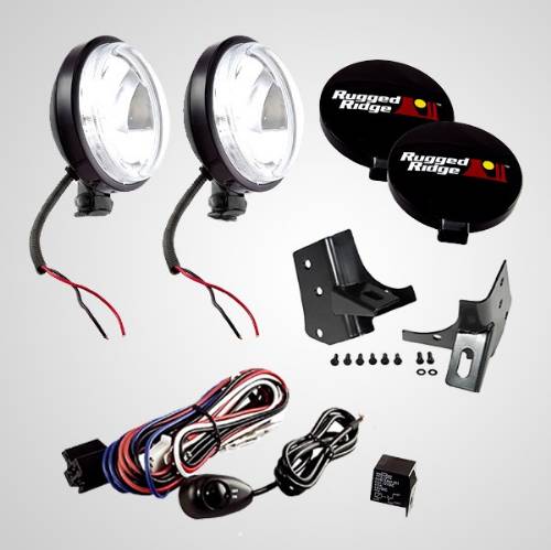 Fat Bob's Garage, Rugged Ridge, Part #12495.06, Windshield Light Mount Kit with Slim Fog Lights, 5 Piece, Black MAIN