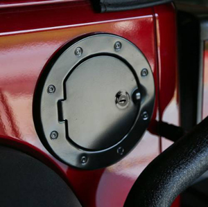 Fat Bob's Garage, Rugged Ridge, Part #11425.06, Jeep JK Wrangler Locking Gas Cap Door, Black Aluminum 2007-2016 MAIN