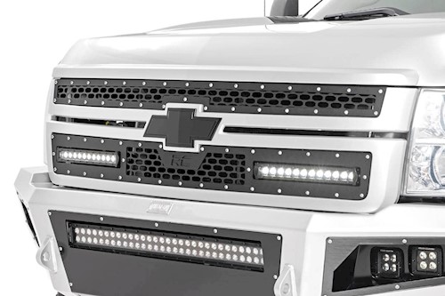 Rough Country Chevy Mesh Grille w/Dual 12in Black Series LEDs 11-14 Silverado HD LARGE