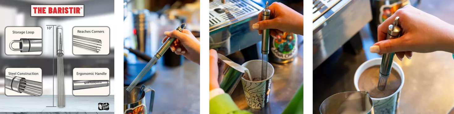 Product infographic and photos of Baristir in use