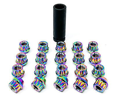 Titanium Lug Nut Set with Socket, M12x1.5, Rainbow Anodize THUMBNAIL