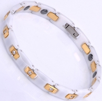 Ceramic Magnetic Energy Health Power Bracelet. Hematite Magnets + Negative Ion White/Gold/Crystals Image LARGE