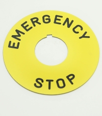 Pushbutton Legend Plate, E-Stop, 90mm Dia., Square D, 9001KN8330 MAIN