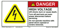 Label, High Voltage will shock, Burn... Do not operate Machine with panel doors opened or covers MAIN