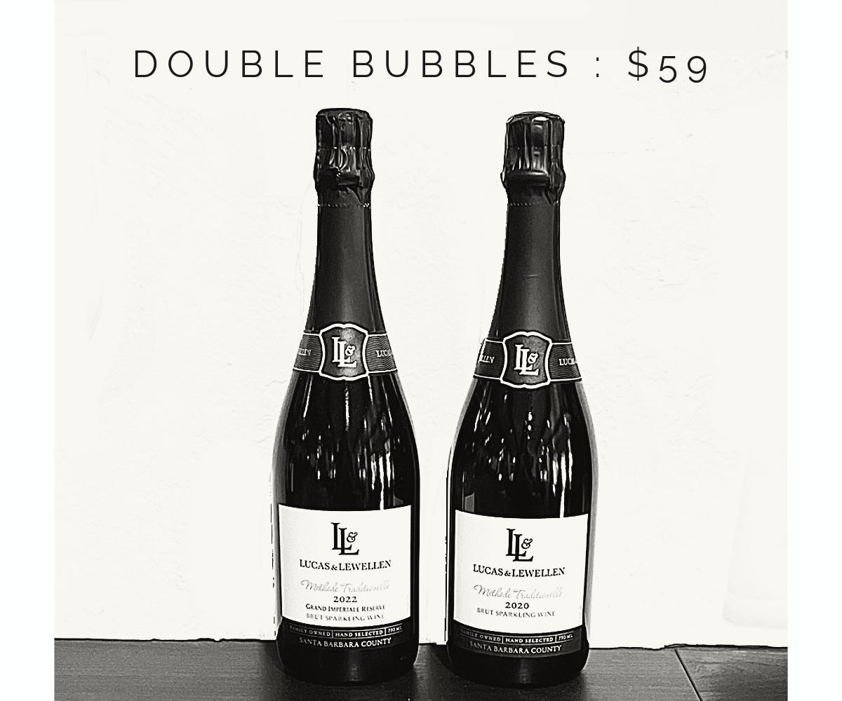 Two bottles of Lucas & Lewellen sparkling wine on a shelf - Double Bubbles $59 MAIN