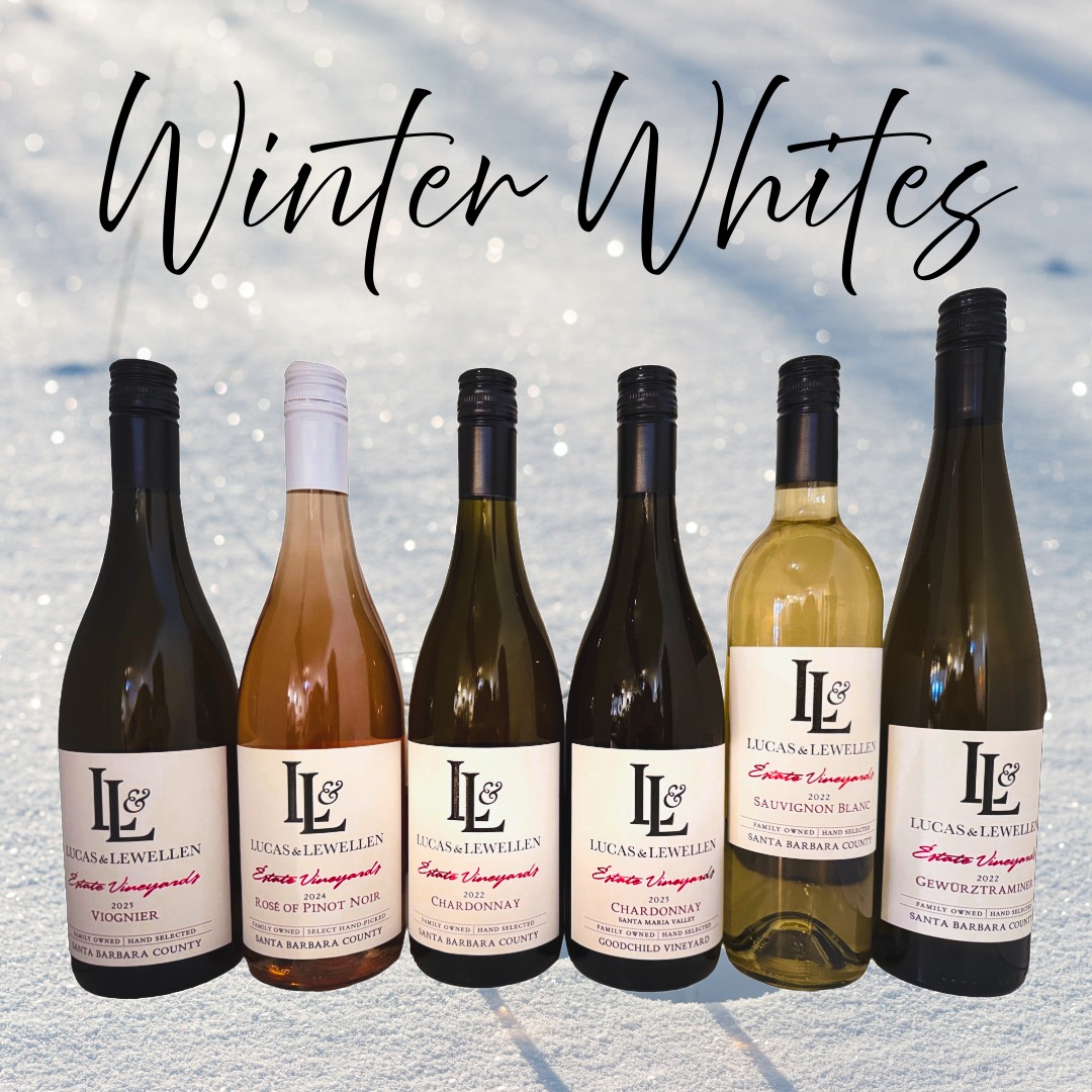 Graphic with 6 bottles of Lucas & Lewellen white wine against a winter California background MAIN