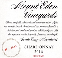 2016 Mount Eden  RESERVE Chardonnay, Santa Cruz Mountains MAIN