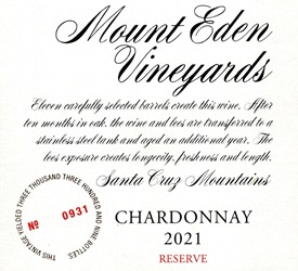 2021 Mount Eden  RESERVE Chardonnay, Santa Cruz Mountains MAIN