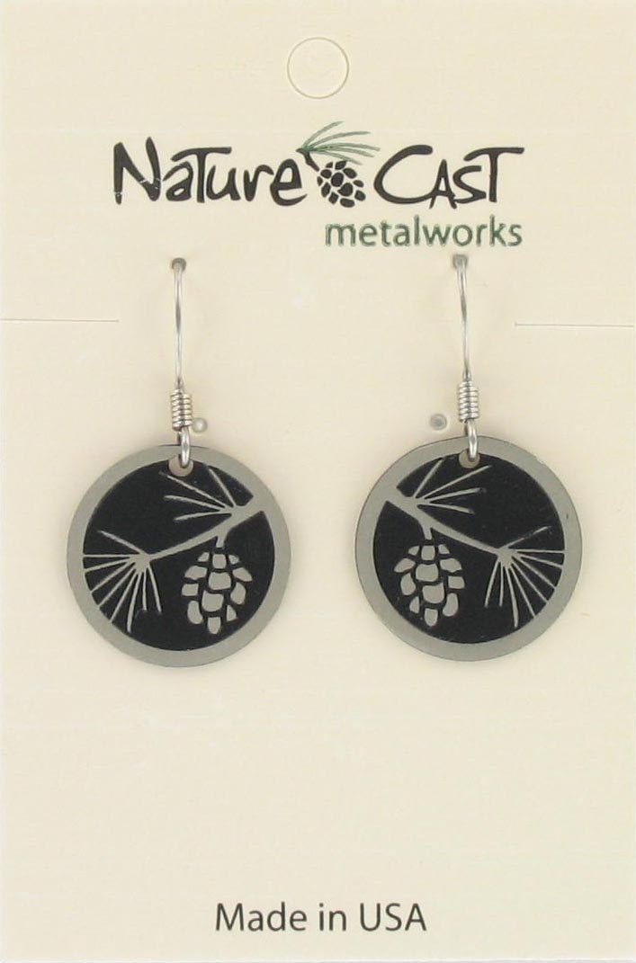 Earring dangle pinecone on round disc THUMBNAIL