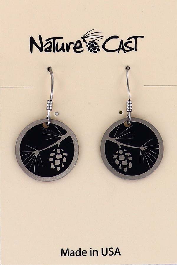 12425 Earring dangle pinecone on round disc THUMBNAIL