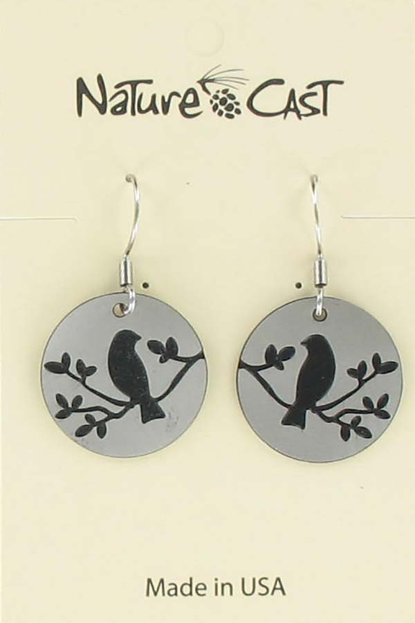 Earring dangle bird on branch on circle disc THUMBNAIL