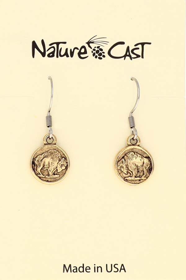12513 Earring dangle bison coin gold tone THUMBNAIL