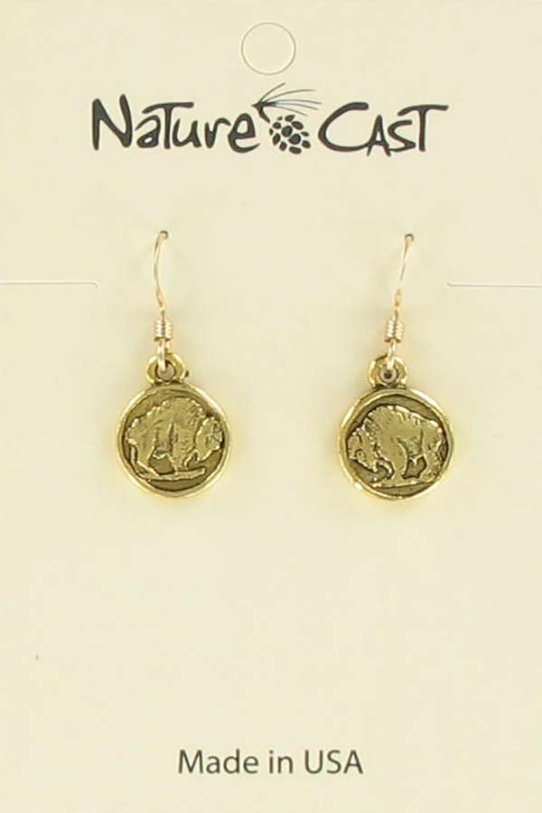 Earring dangle bison coin gold tone THUMBNAIL