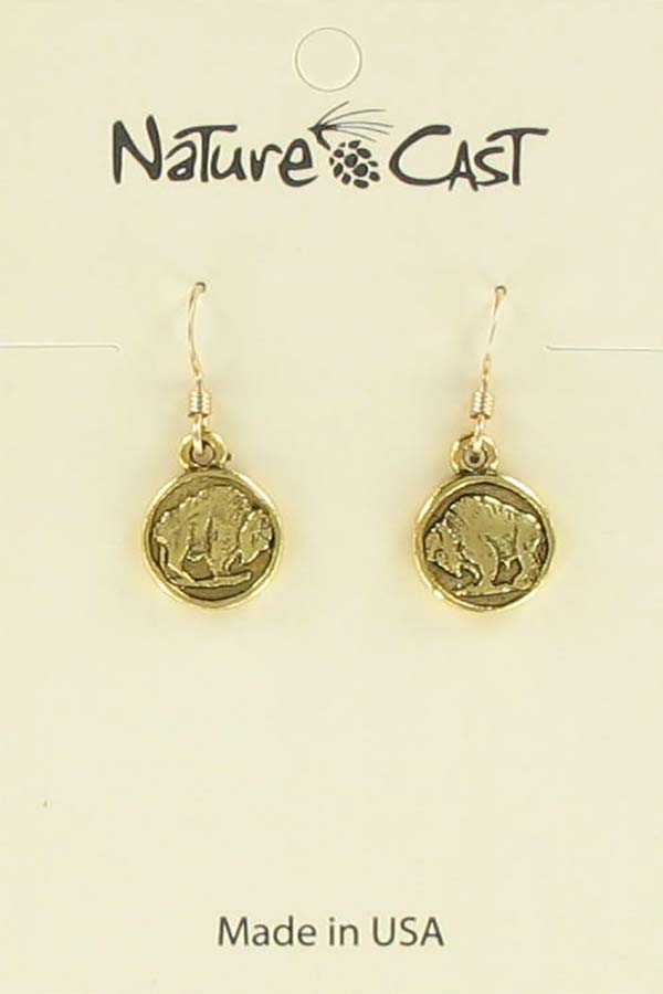 12513 Earring dangle bison coin gold tone THUMBNAIL