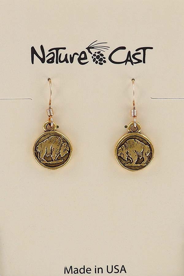 12513 Earring dangle bison coin gold tone THUMBNAIL