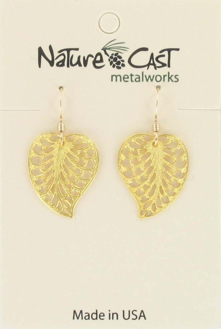 Earring dangle filigree leaf gold plate THUMBNAIL