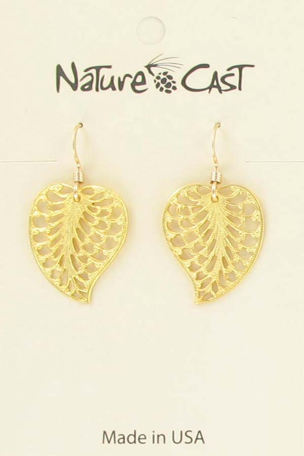 12517 Earring dangle filigree leaf gold plate LARGE