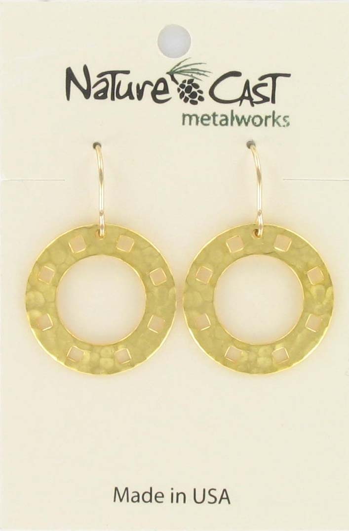 Earring dangle open circle w/cutout squares gold plate THUMBNAIL