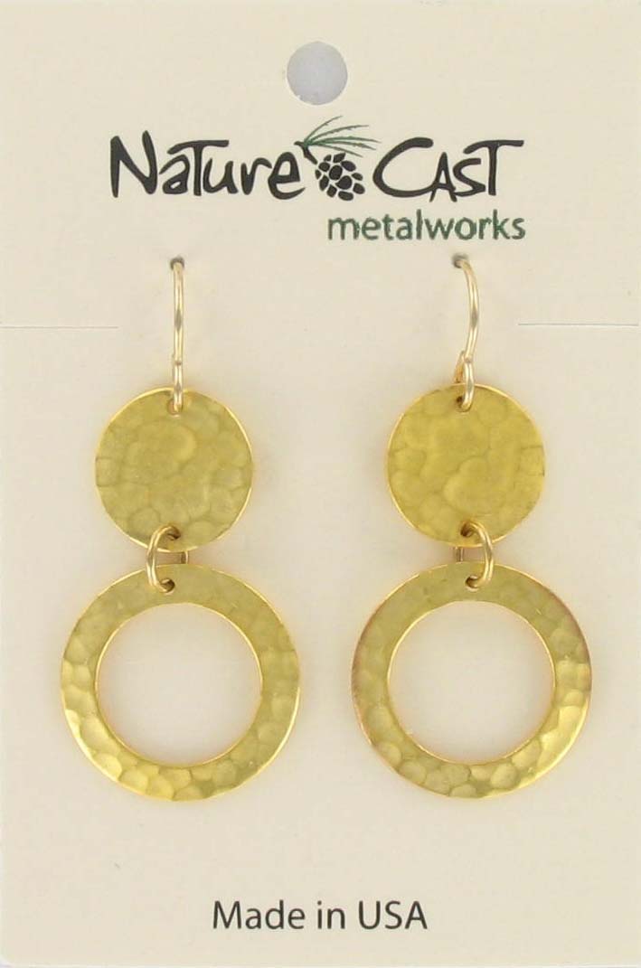 Earring dangle open circle w/ hammered disc gold plate THUMBNAIL